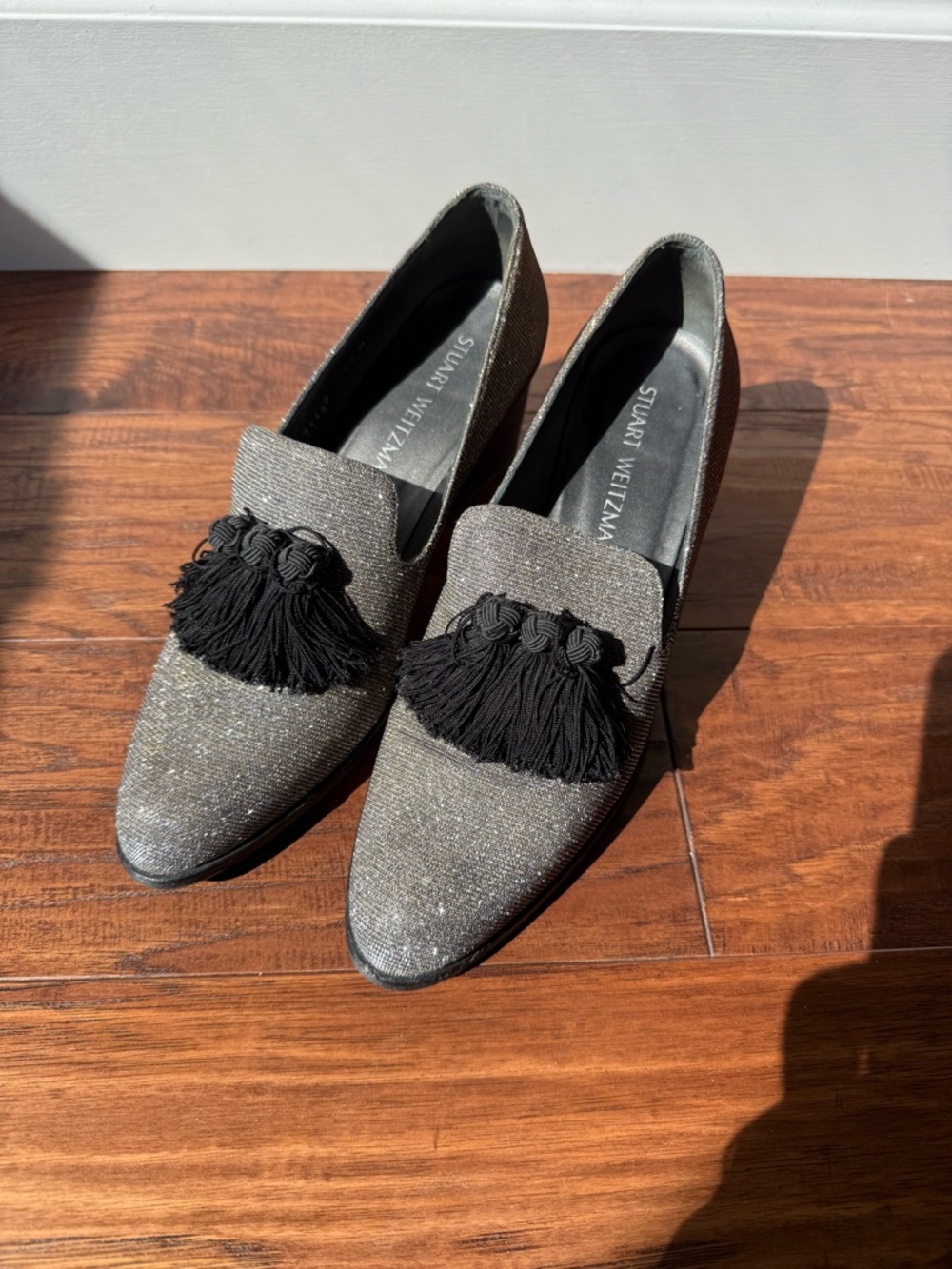 Stuart Weitzman Razmataz metallic tassel heel loafers
